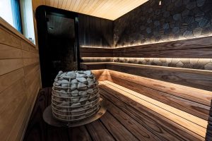 The interior of a wooden sauna room