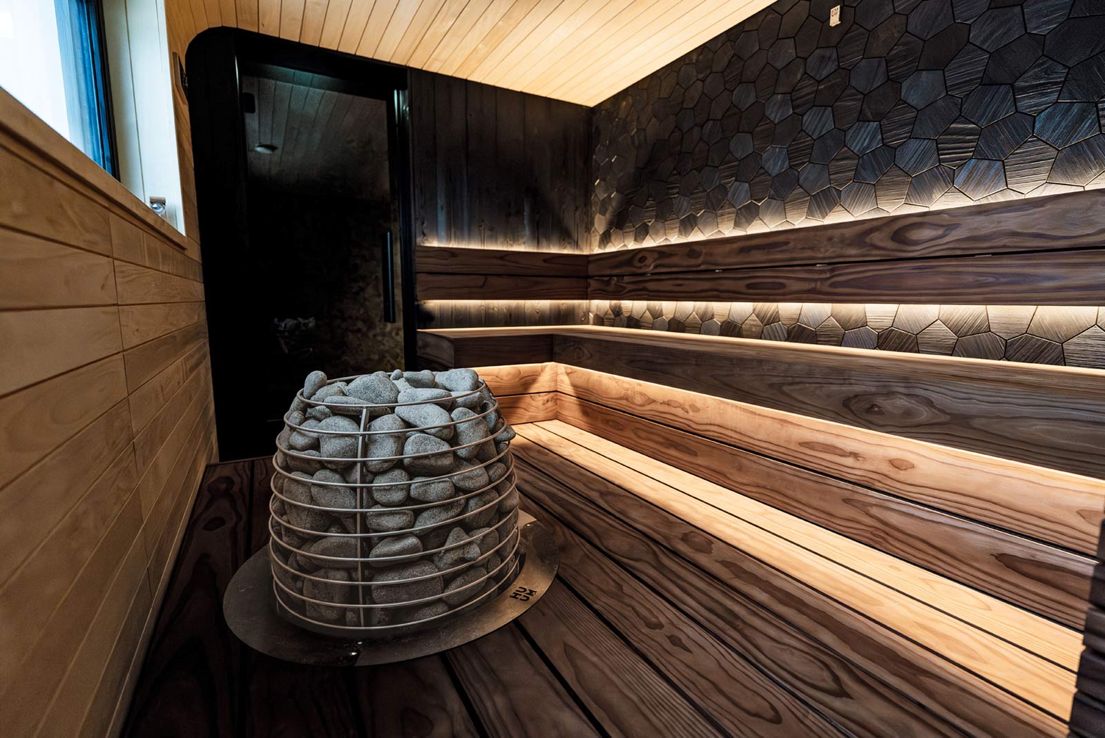 The interior of a wooden sauna room