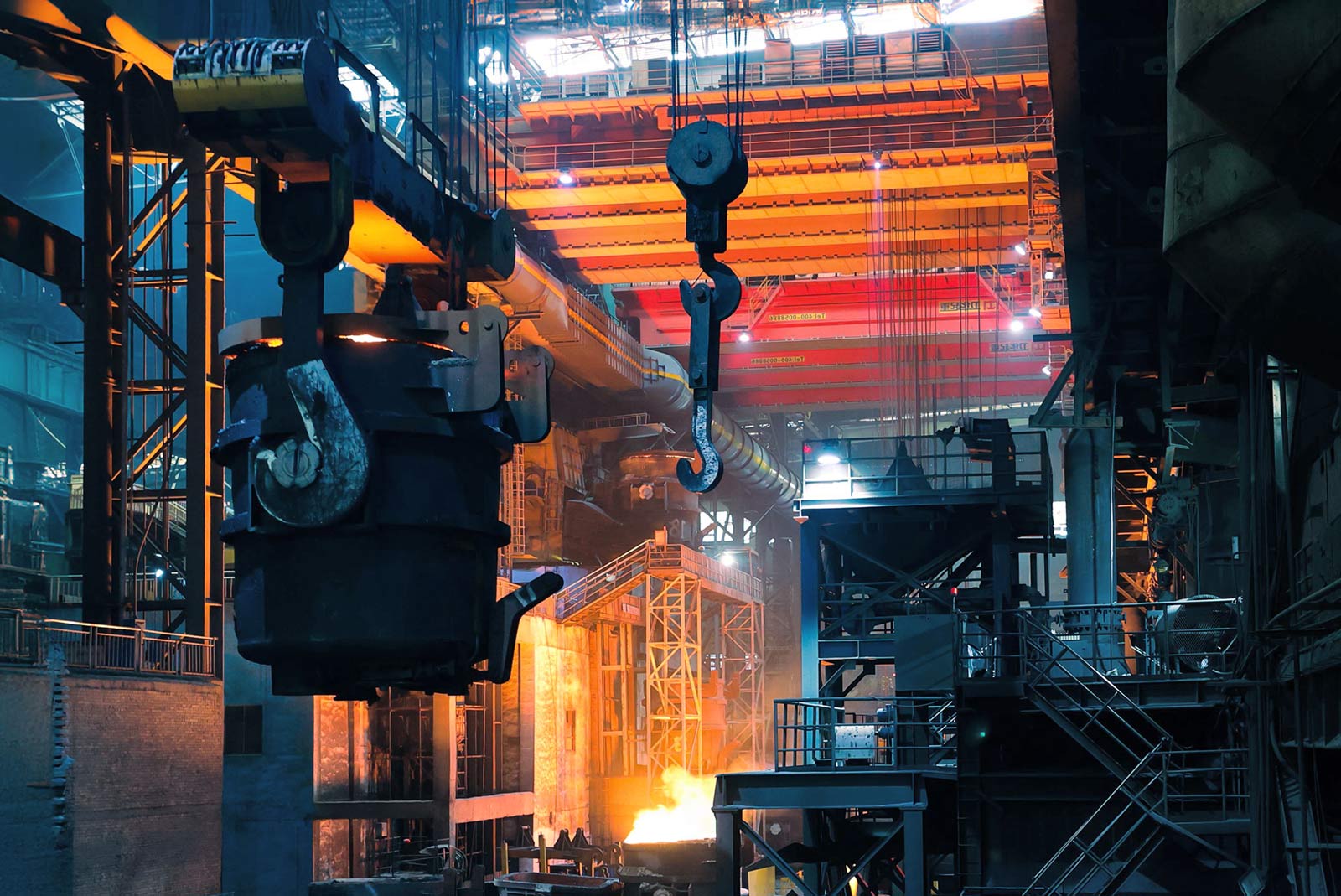 Heavy industrial machinery on a steel production line